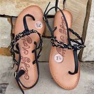 Naughty Monkey Black Braided T-Strap Sandals with rhinestone Accents Sz-7.5. M
